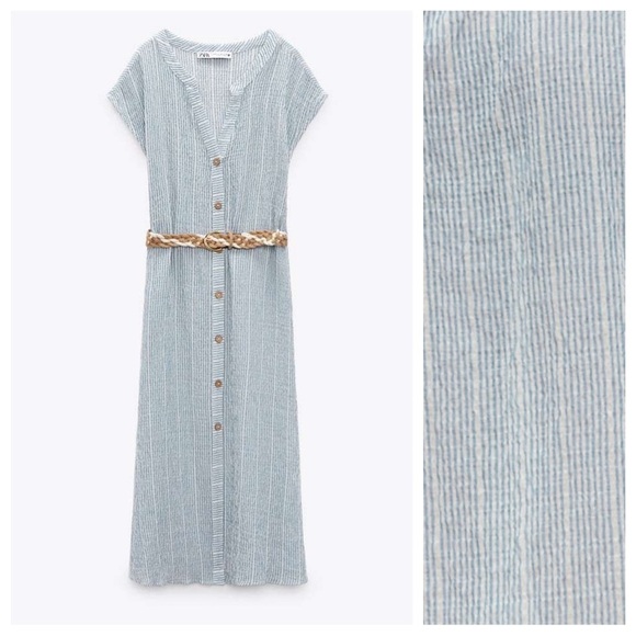 NWT. Zara Blue/White Stripped Belted Midi Shirt Dress. Size S. - Picture 5 of 8